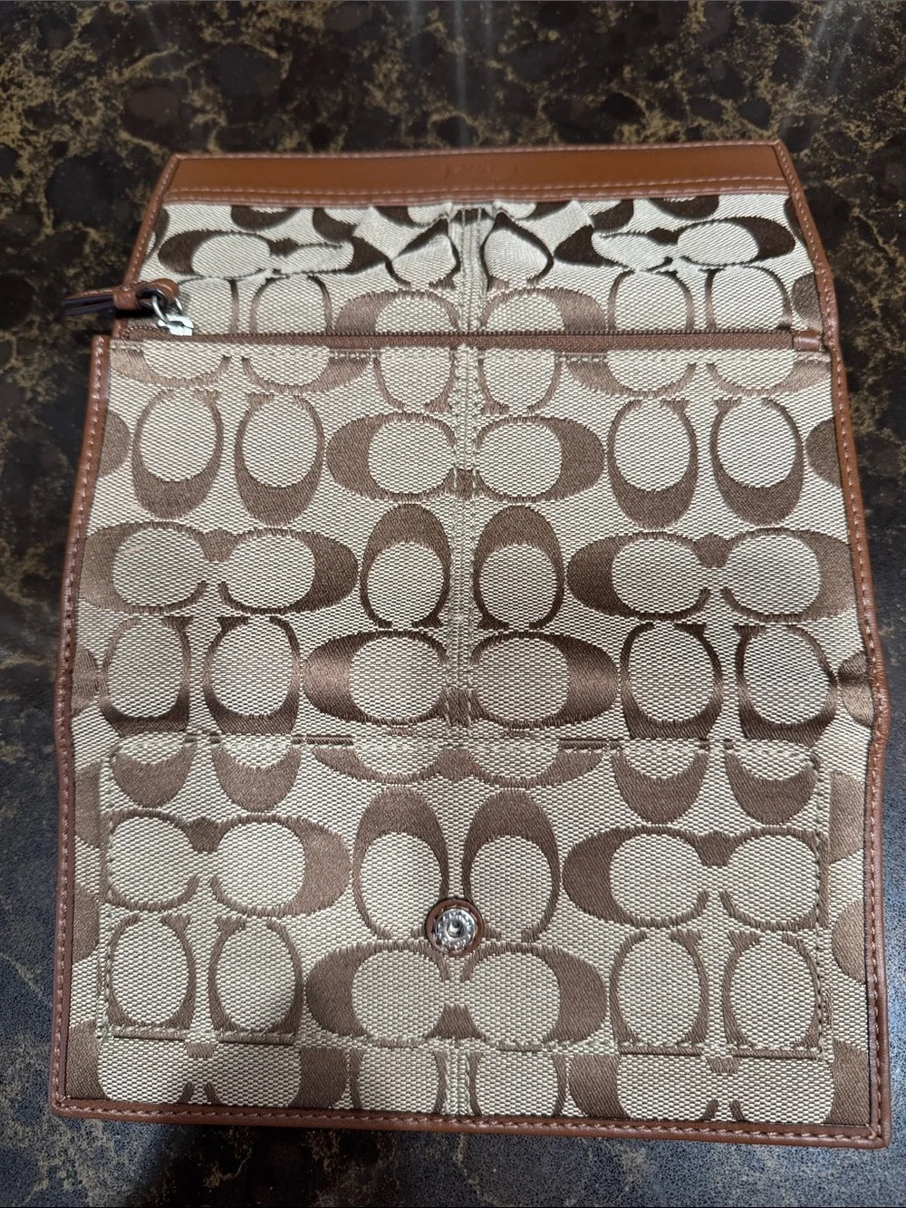 Coach Tan Signature “C” Canvas trifold Wallet with Brown Leather Trim embossed